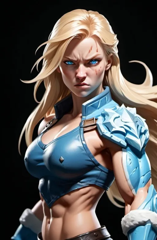 Prompt: Female figure. Greater bicep definition. Sharper, clearer blue eyes. Nosebleed. Long Blonde hair flapping. Frostier, glacier effects. Fierce combat stance. Raging Fists. Icy Knuckles.