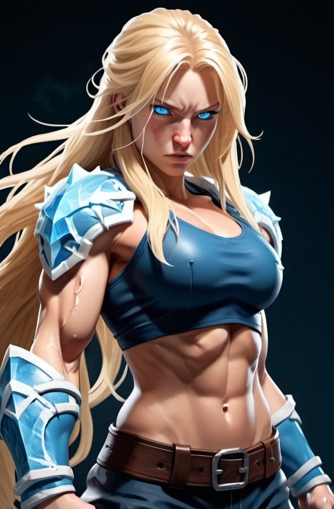 Prompt: Female figure. Greater bicep definition. Sharper, clearer blue eyes. Nosebleed. Long Blonde hair flapping. Frostier, glacier effects. Fierce combat stance. Raging Fists. Icy Knuckles.