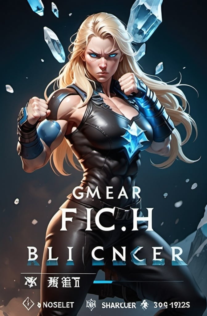 Prompt: Female figure. Greater bicep definition. Sharper, clearer blue eyes. Nosebleed. Long Blonde hair flapping. Frostier, glacier effects. Fierce combat stance. Raging Fists. Icy Knuckles. Blue outfit. 