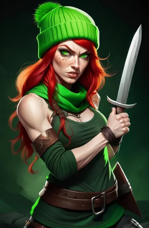 Prompt:  Evil red-haired warrior woman, wearing a green beanie and a mischievous smirk. Green eyes. Fierce combat stance. 