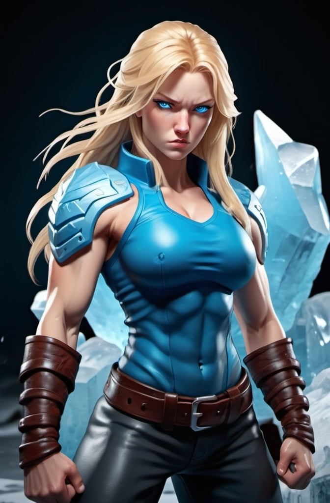 Prompt: Female figure. Greater bicep definition. Sharper, clearer blue eyes. Nosebleed. Long Blonde hair flapping. Frostier, glacier effects. Fierce combat stance. Raging Fists. Icy Knuckles.