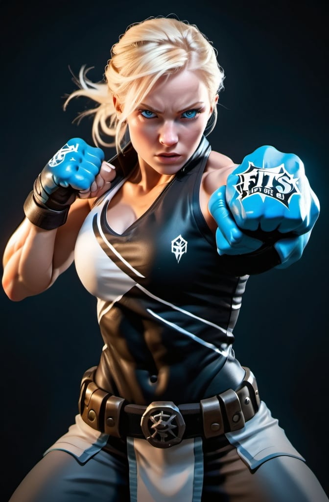 Prompt: Female figure. Greater bicep definition. Sharper, clearer blue eyes. Blonde hair.  Frostier, glacier effects.  Fierce combat stance. Raging Fists. 