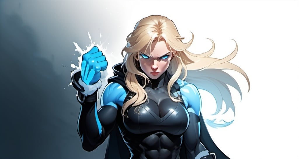 Prompt: Female figure. Greater bicep definition. Sharper, clearer blue eyes. Nosebleed. Long Blonde hair flapping. Frostier, glacier effects. Fierce combat stance. Raging Fists. Icy Knuckles. 