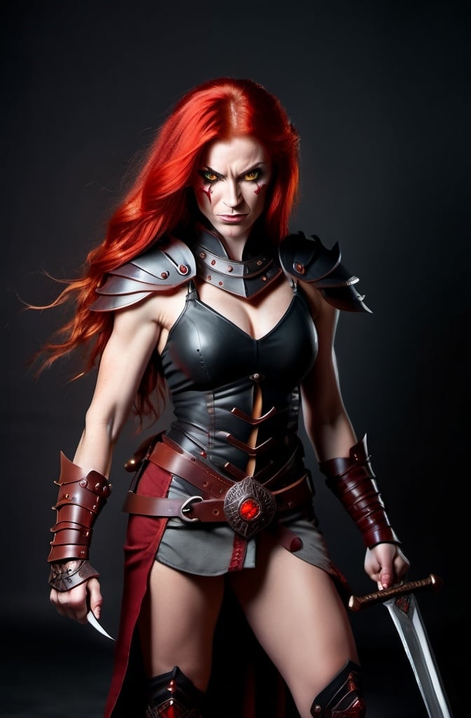 Prompt: Evil red-haired warrior woman with a mischievous grin. Carmine, red eyes. Fierce combat stance.