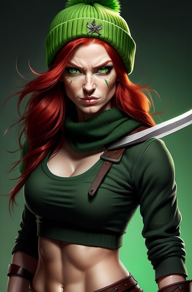 Prompt:  Evil red-haired warrior woman, wearing a green beanie and a mischievous smirk. Green eyes. Fierce combat stance. 