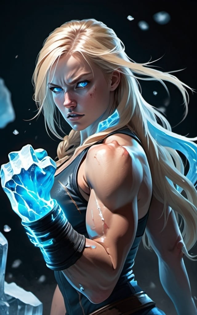 Prompt: Female figure. Greater bicep definition. Sharper, clearer blue eyes. Bleeding. Long Blonde hair flapping. Frostier, glacier effects. Fierce combat stance. Raging Fists. Icy Knuckles. 