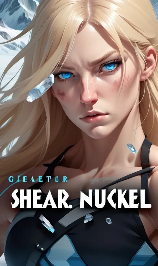 Prompt:  Female figure. Greater bicep definition. Sharper, clearer blue eyes. Nosebleed. Long Blonde hair flapping. Frostier, glacier effects. Fierce combat stance. Raging Fists. Icy Knuckles. 