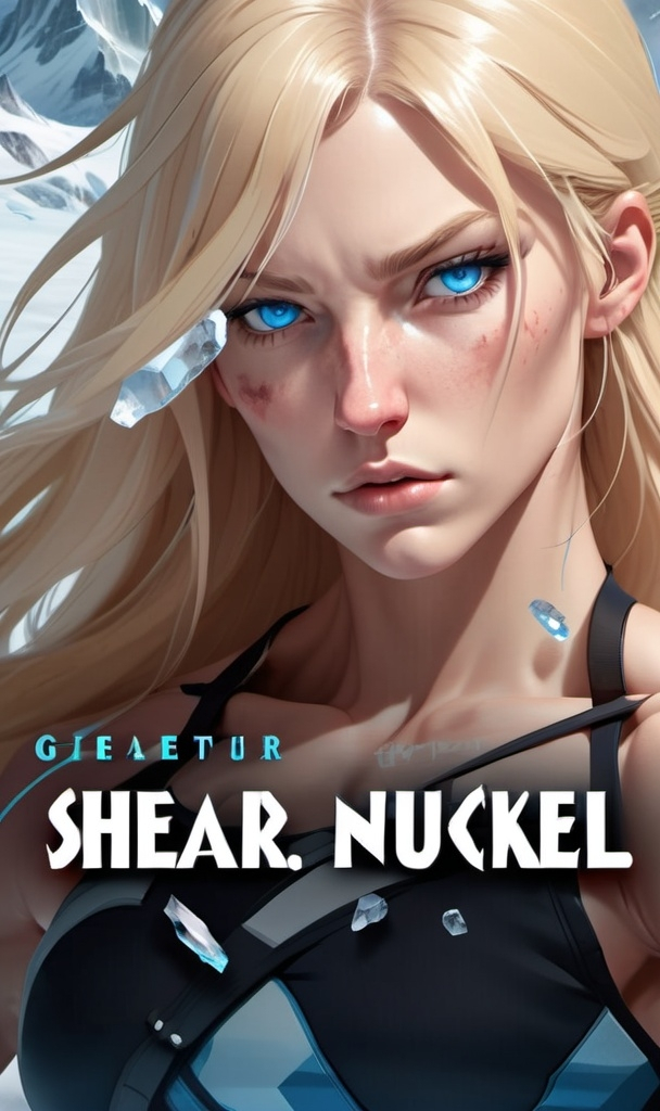 Prompt:  Female figure. Greater bicep definition. Sharper, clearer blue eyes. Nosebleed. Long Blonde hair flapping. Frostier, glacier effects. Fierce combat stance. Raging Fists. Icy Knuckles. 