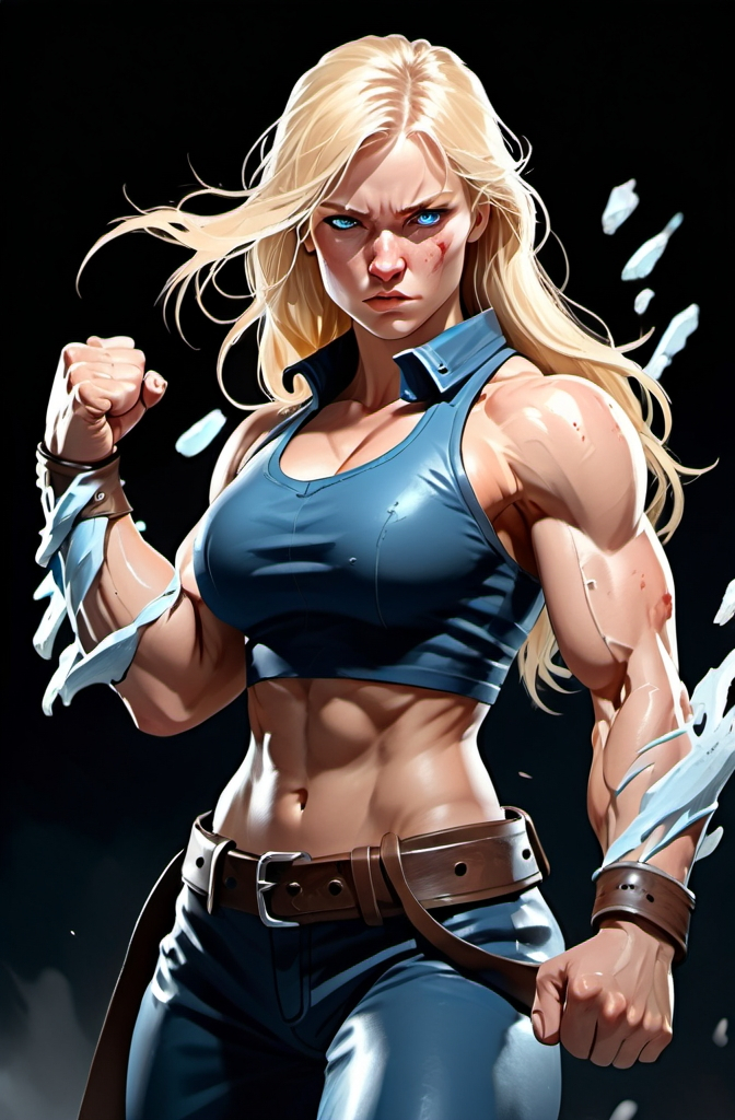 Prompt: Female figure. Greater bicep definition. Sharper, clearer blue eyes. Nosebleed. Long Blonde hair flapping. Frostier, glacier effects. Fierce combat stance. Raging Fists.