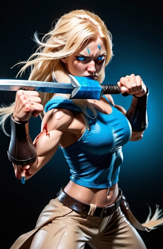 Prompt: Female figure. Greater bicep definition. Sharper, clearer blue eyes. Nosebleed. Long Blonde hair flapping. Frostier, glacier effects. Fierce combat stance. Enraged. 