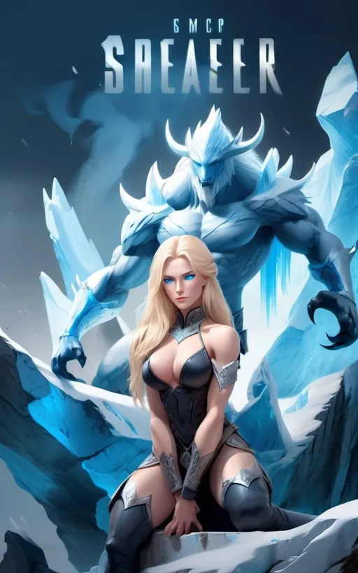 Prompt: Female figure. Greater bicep definition. Sharper, clearer blue eyes. Long Blonde hair flapping. Frostier, glacier effects. Fierce combat stance. Sitting on a throne. Resting her cheek on her hand.