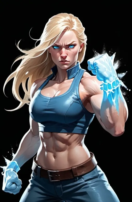 Prompt: Female figure. Greater bicep definition. Sharper, clearer blue eyes. Nosebleed. Long Blonde hair flapping. Frostier, glacier effects. Fierce combat stance. Raging Fists. Icy Knuckles.