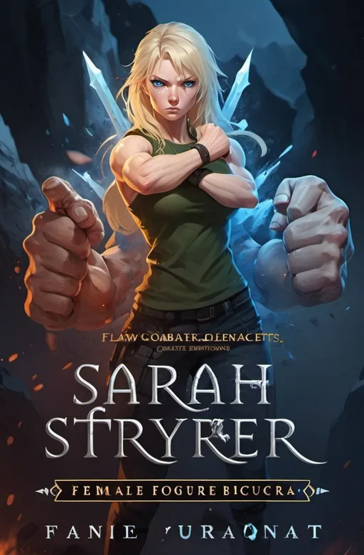 Prompt: Female figure. Greater bicep definition. Sharper, clearer blue eyes. Bleeding. Blonde hair flapping. Frostier, glacier effects. Fierce combat stance. Raging Fists. 