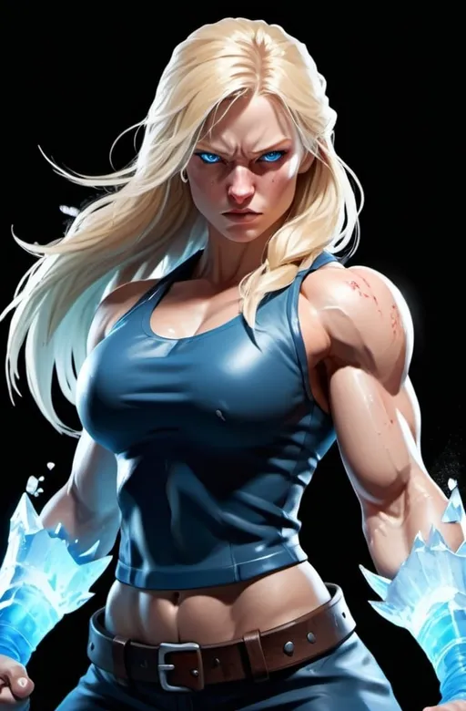 Prompt: Female figure. Greater bicep definition. Sharper, clearer blue eyes. Nosebleed. Long Blonde hair flapping. Frostier, glacier effects. Fierce combat stance. Raging Fists. Icy Knuckles.