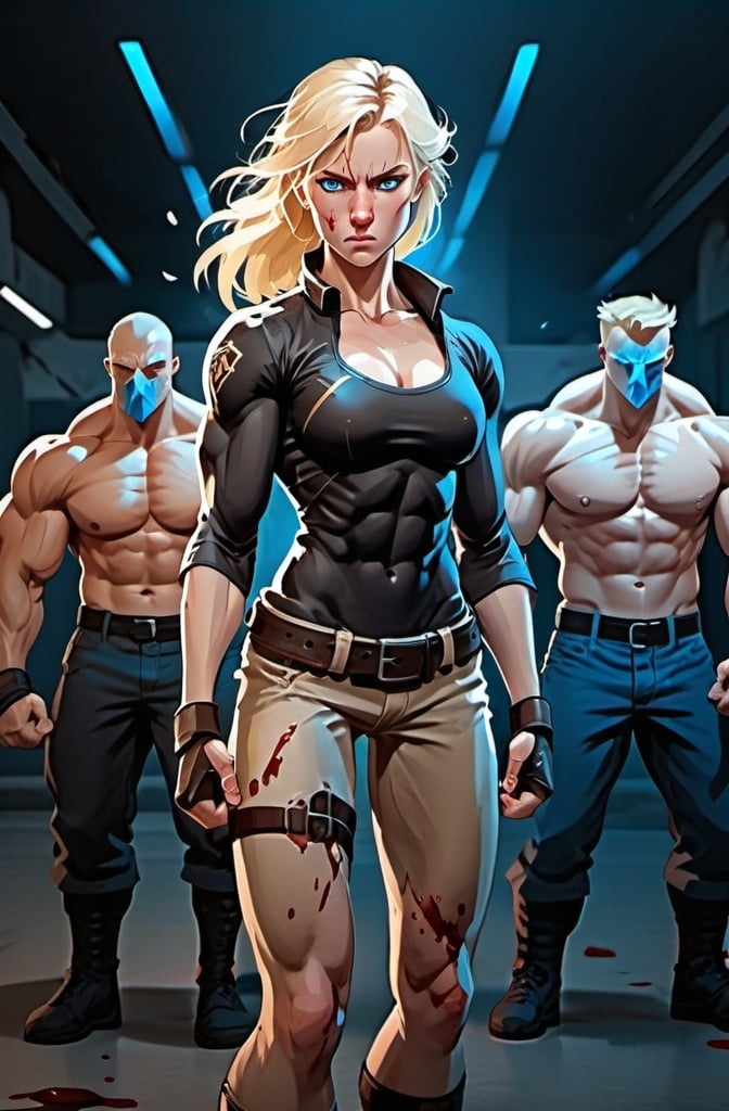 Prompt:  Female figure. Greater bicep definition. Sharper, clearer blue eyes. Blonde hair  flapping. Nose bleed. Frostier, glacier effects. Fierce combat stance. Raging Fists. 