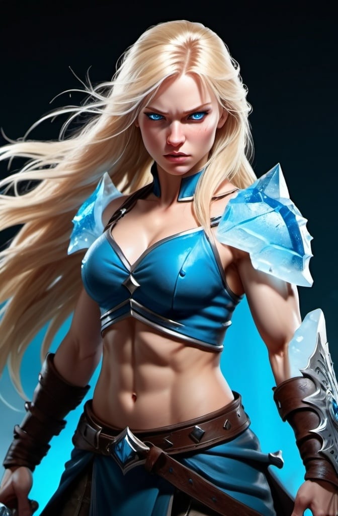 Prompt: Female figure. Greater bicep definition. Sharper, clearer blue eyes. Bleeding. Long Blonde hair flapping. Frostier, glacier effects. Fierce combat stance. Ice Daggers. 