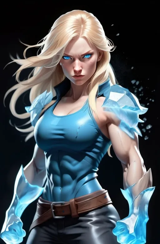 Prompt: Female figure. Greater bicep definition. Sharper, clearer blue eyes. Nosebleed. Long Blonde hair flapping. Frostier, glacier effects. Fierce combat stance. Raging Fists. Icy Knuckles.