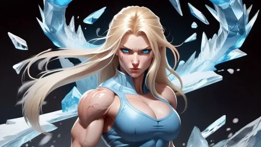 Prompt: Female figure. Greater bicep definition. Sharper, clearer blue eyes. Nosebleed. Long Blonde hair flapping. Frostier, glacier effects. Fierce combat stance. Raging Fists. Icy Knuckles.