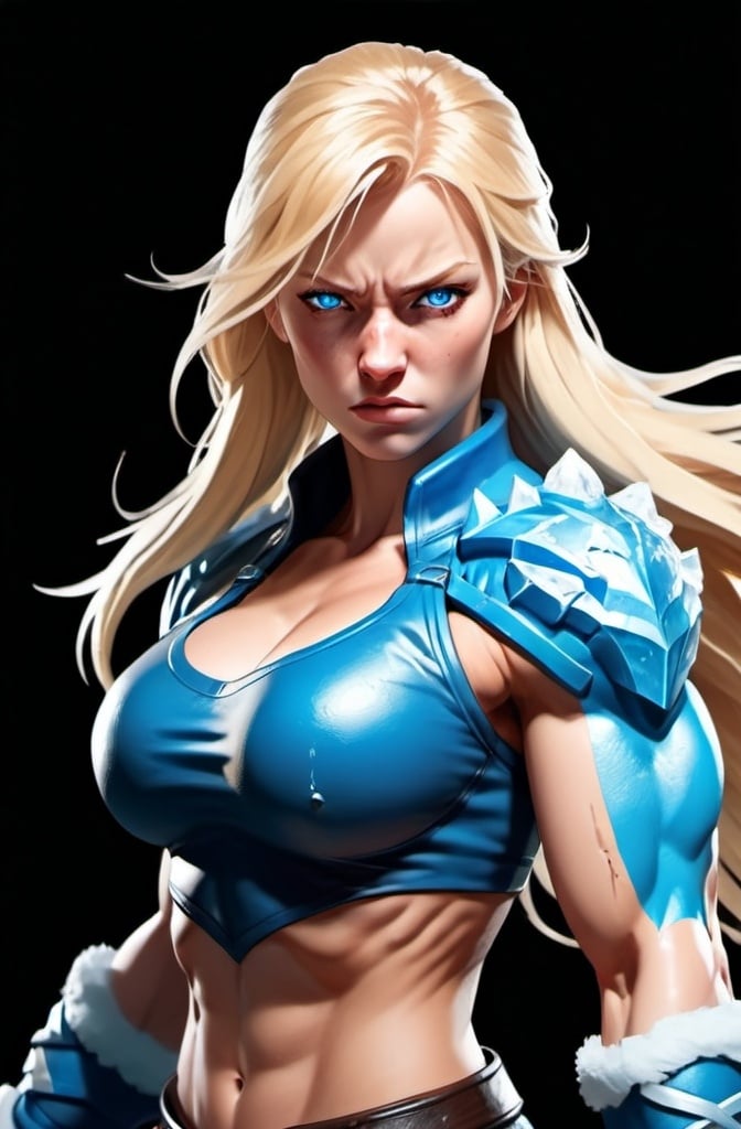 Prompt: Female figure. Greater bicep definition. Sharper, clearer blue eyes. Nosebleed. Long Blonde hair flapping. Frostier, glacier effects. Fierce combat stance. Raging Fists. Icy Knuckles.