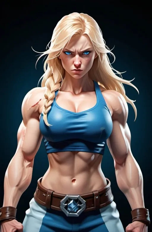 Prompt: Female figure. Greater bicep definition. Sharper, clearer blue eyes. Nosebleed. Long Blonde hair flapping. Frostier, glacier effects. Fierce combat stance. Raging Fists. Icy Knuckles.  