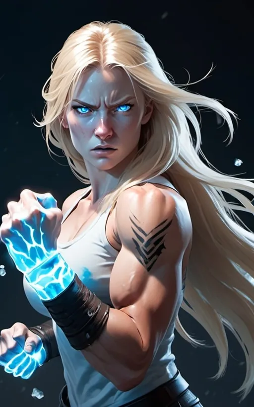 Prompt: Female figure. Greater bicep definition. Sharper, clearer blue eyes. Nosebleed. Long Blonde hair flapping. Frostier, glacier effects. Fierce combat stance. Raging Fists. Icy Knuckles. 