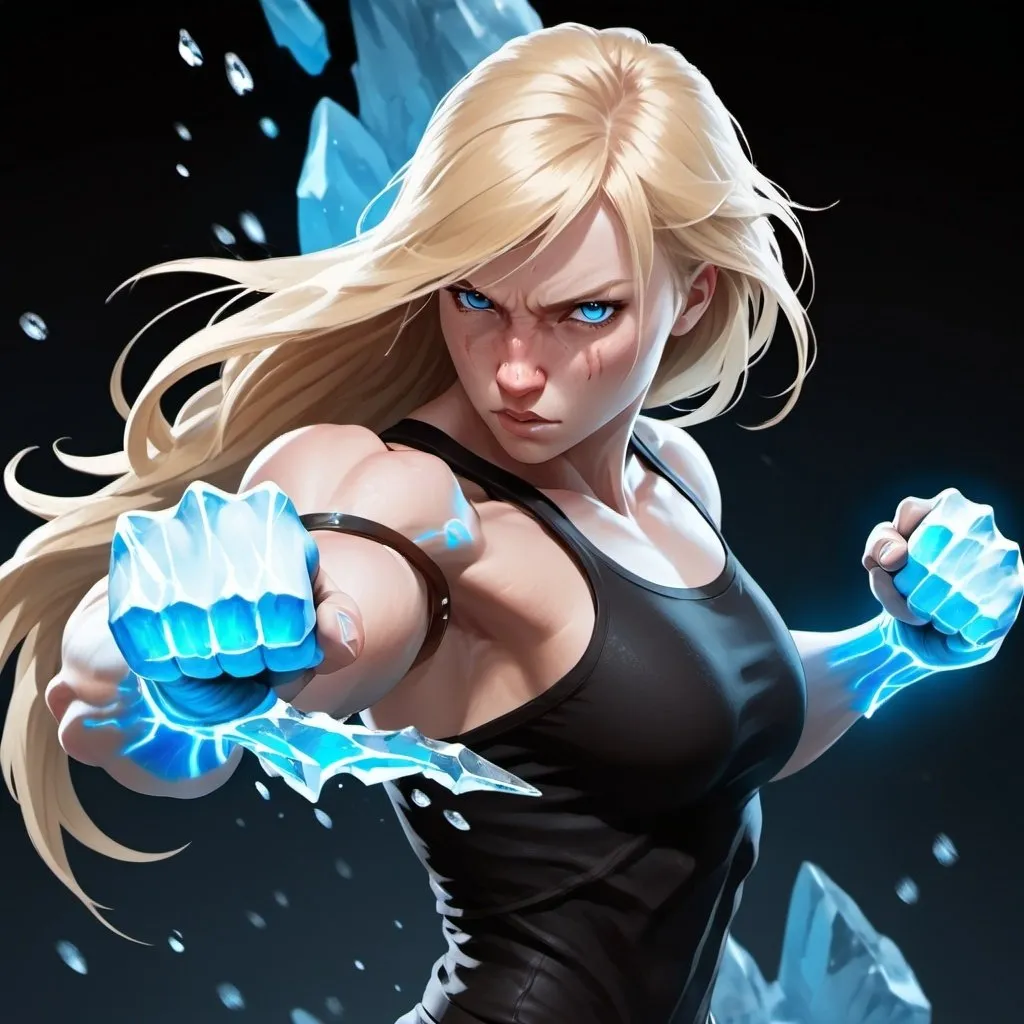 Prompt: Female figure. Greater bicep definition. Sharper, clearer blue eyes. Nosebleed. Long Blonde hair flapping. Frostier, glacier effects. Fierce combat stance. Raging Fists. Icy Knuckles. 