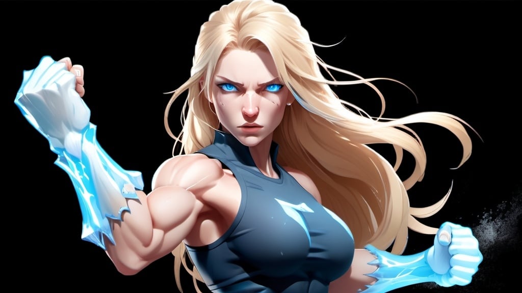 Prompt: Female figure. Greater bicep definition. Sharper, clearer blue eyes. Nosebleed. Long Blonde hair flapping. Frostier, glacier effects. Fierce combat stance. Raging Fists. Icy Knuckles.