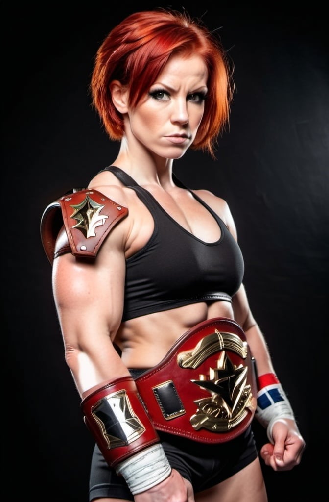 Prompt: Female figure. Greater bicep definition. Short red hair. Pro Wrestler. Championship belt. Fierce Combat Stance. 