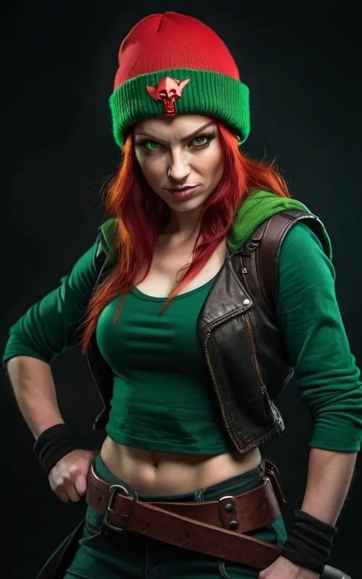 Prompt: Evil red-haired warrior woman, wearing a green beanie and a mischievous smirk. Carmine, red eyes. Fierce combat stance. 