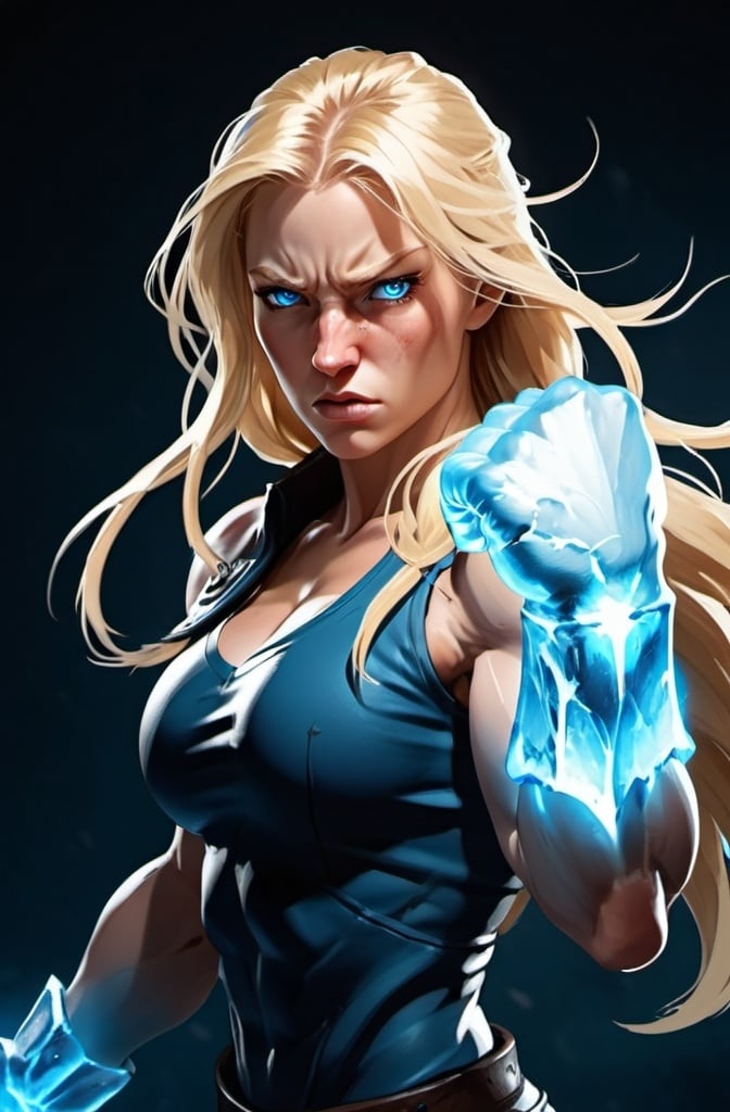 Prompt: Female figure. Greater bicep definition. Sharper, clearer blue eyes. Nosebleed. Long Blonde hair flapping. Frostier, glacier effects. Fierce combat stance. Raging Fists. Icy Knuckles.