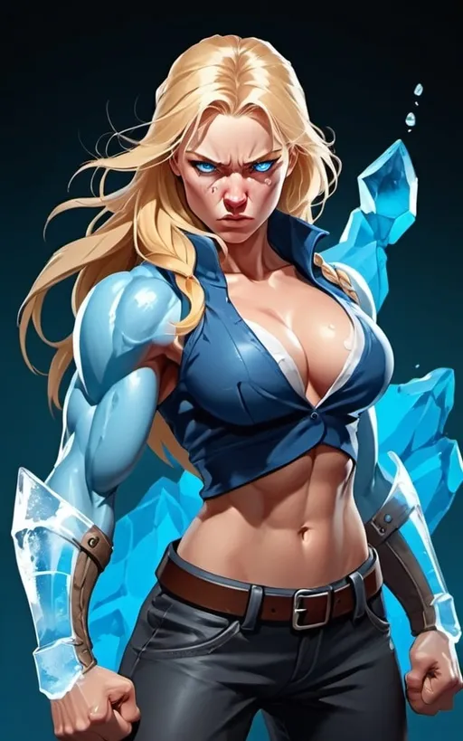 Prompt: Female figure. Greater bicep definition. Sharper, clearer blue eyes. Nosebleed. Long Blonde hair flapping. Frostier, glacier effects. Fierce combat stance. Raging Fists. Icy Knuckles. Wearing Pants. 