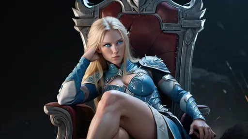 Prompt: Female figure. Greater bicep definition. Sharper, clearer blue eyes. Long Blonde hair flapping. Frostier, glacier effects. Fierce combat stance. She is sitting on a throne, resting her cheek on her hand.