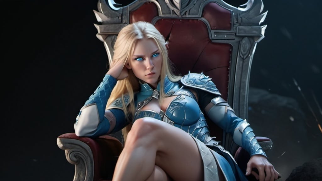 Prompt: Female figure. Greater bicep definition. Sharper, clearer blue eyes. Long Blonde hair flapping. Frostier, glacier effects. Fierce combat stance. She is sitting on a throne, resting her cheek on her hand.