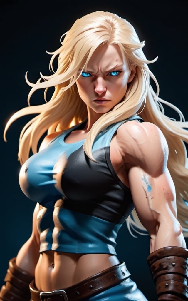 Prompt: Female figure. Greater bicep definition. Sharper, clearer blue eyes. Nosebleed. Long Blonde hair flapping. Frostier, glacier effects. Fierce combat stance. Raging Fists. Icy Knuckles. 