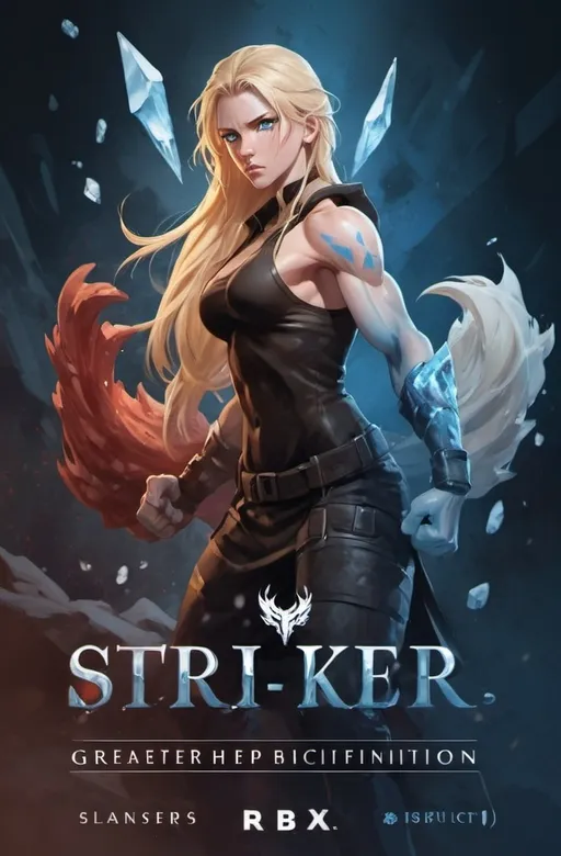 Prompt:   Female figure. Greater bicep definition. Sharper, clearer blue eyes. Nosebleed. Long Blonde hair flapping. Frostier, glacier effects. Fierce combat stance Raging Fists. Icy Knuckles.