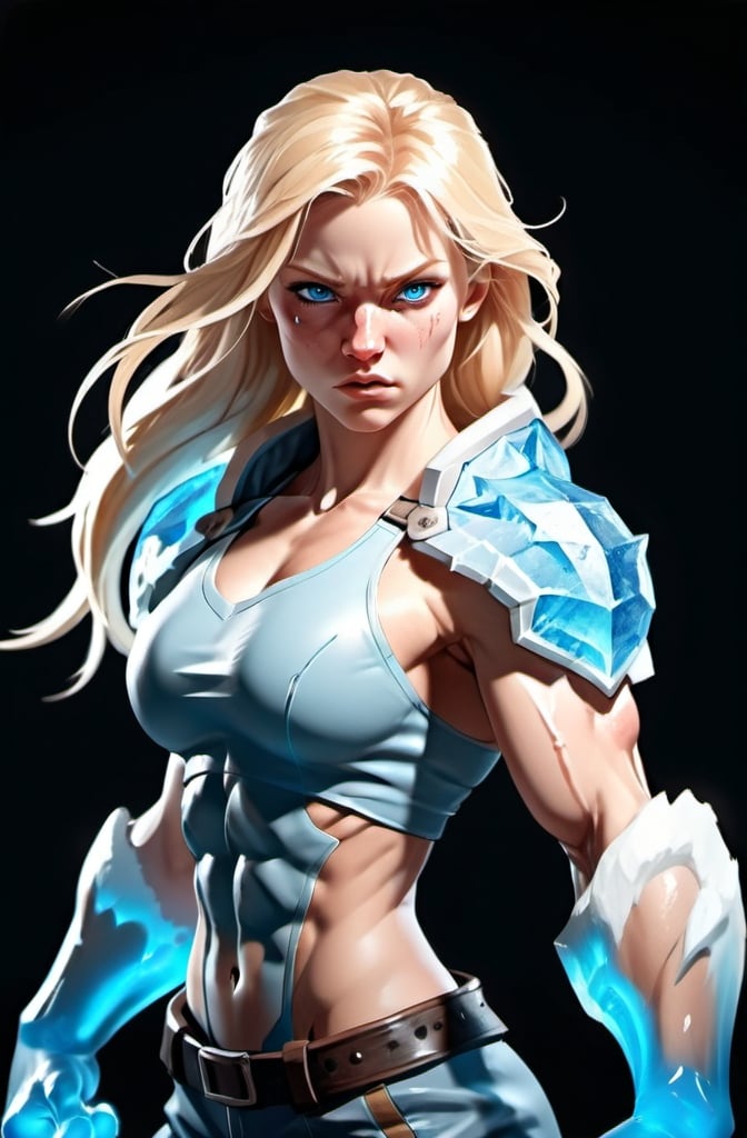 Prompt: Female figure. Greater bicep definition. Sharper, clearer blue eyes. Nosebleed. Long Blonde hair flapping. Frostier, glacier effects. Fierce combat stance. Icy Knuckles.