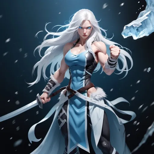 Prompt:  Female figure. Greater bicep definition. Sharper, clearer blue eyes. Nosebleed. Long White hair flapping. Frostier, glacier effects. Fierce combat stance. Raging Fists. Icy Knuckles. Pale Skin. 