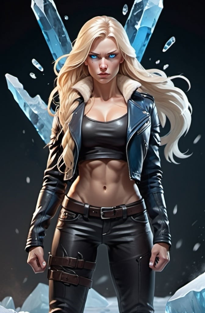 Prompt: Female figure. Greater bicep definition. Sharper, clearer blue eyes. Nosebleed. Long Blonde hair flapping. Frostier, glacier effects. Fierce combat stance. Leather Jacket. Icy Knuckles.  
