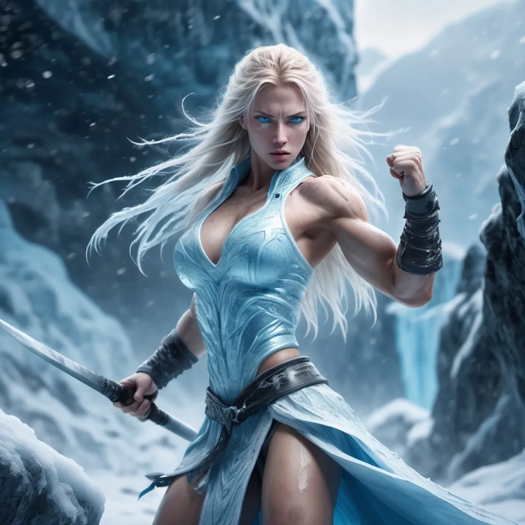 Prompt:  Female figure. Greater bicep definition. Sharper, clearer blue eyes. Nosebleed. Long Blonde hair flapping. Frostier, glacier effects. Fierce Martial arts stance Raging Fists. Icy Knuckles.