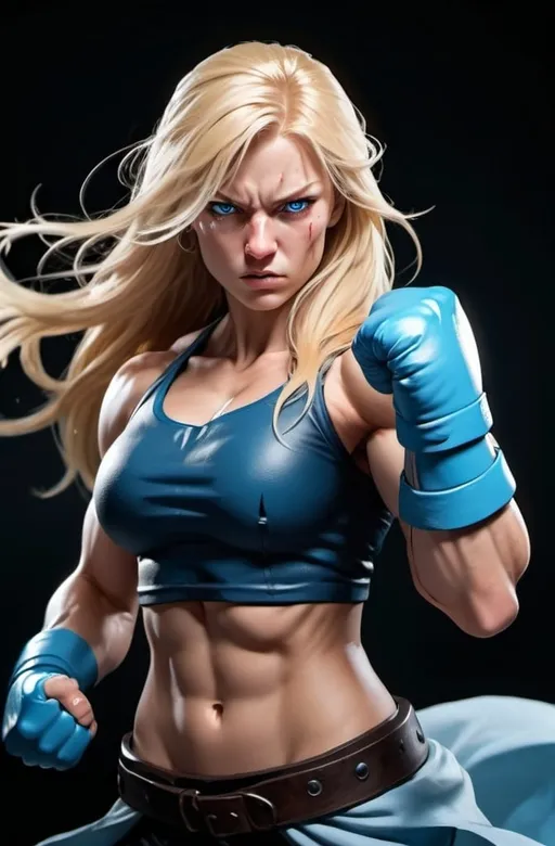 Prompt: Female figure. Greater bicep definition. Sharper, clearer blue eyes. Nosebleed. Long Blonde hair flapping. Frostier, glacier effects. Fierce combat stance. Raging Fists. 