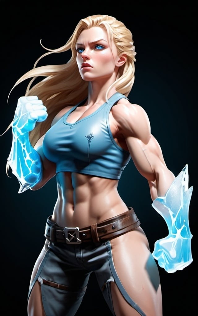 Prompt: Female figure. Greater bicep definition. Sharper, clearer blue eyes. Long Blonde hair flapping. Frostier, glacier effects. Fierce combat stance. Icy Knuckles. Raging Fists.