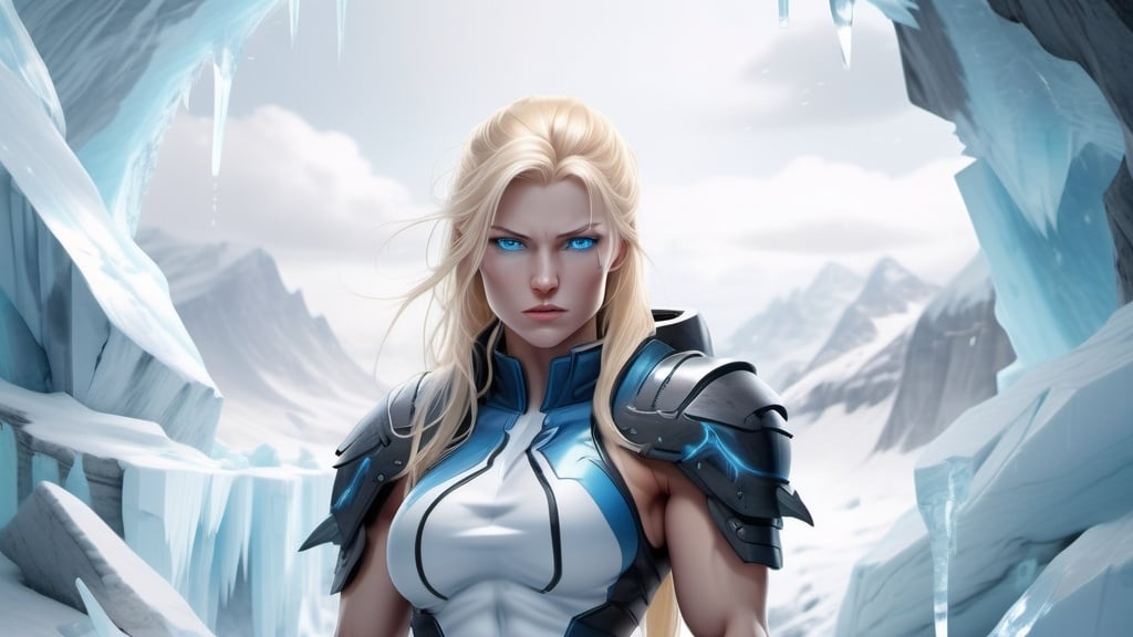 Prompt: Female figure. Greater bicep definition. Sharper, clearer blue eyes. Nosebleed. Long Blonde hair flapping. Frostier, glacier effects. Fierce combat stance. Raging Fists. Icy Knuckles.