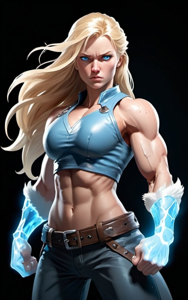 Prompt: Female figure. Greater bicep definition. Sharper, clearer blue eyes. Long Blonde hair flapping. Frostier, glacier effects. Fierce combat stance. Icy Knuckles. Raging Fists.