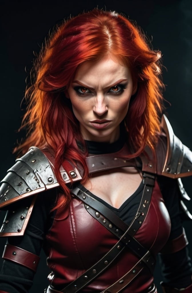 Prompt: Evil red-haired warrior woman with a mischievous smirk. Carmine, red eyes. Fierce combat stance.