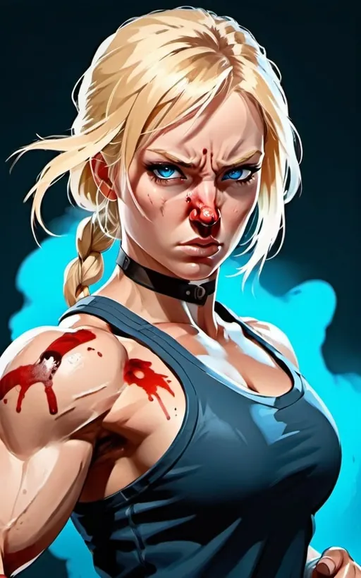Prompt:  Female figure. Greater bicep definition. Sharper, clearer blue eyes. Blonde hair  flapping. Nose bleed. Frostier, glacier effects. Fierce combat stance. Raging Fists. 