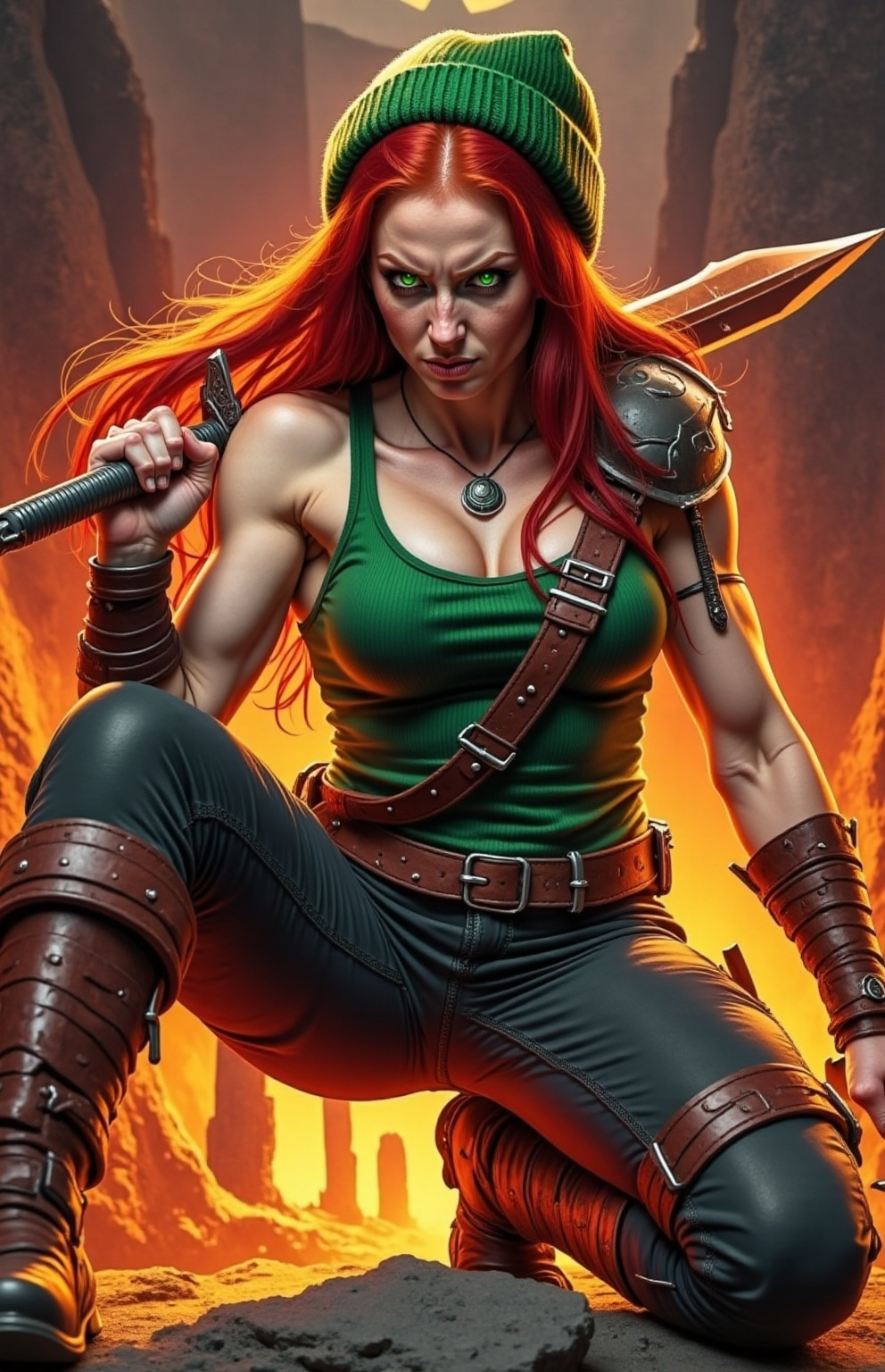 Prompt: @wbV7YKlXTFt2cBPb46HT A dynamic illustration of a confident female warrior, posed strikingly for the camera. She stands tall in the center of the frame, her armor gleaming under a mix of soft sunlight and dramatic shadows. Her long hair flows behind her, catching the light, while her fierce gaze meets the viewer's eyes. The background features a rugged landscape, with distant mountains and a clear blue sky, adding depth to the scene. Subtle dust swirls around her feet, hinting at a recent battle. The composition captures her strength and determination, framed perfectly to highlight her powerful stance and the intricate details of her armor.