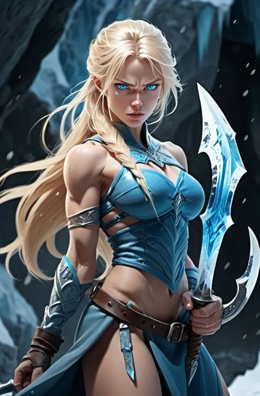 Prompt: Female figure. Greater bicep definition. Sharper, clearer blue eyes. Nosebleed. Long Blonde hair flapping. Frostier, glacier effects. Fierce combat stance. Ice Daggers.