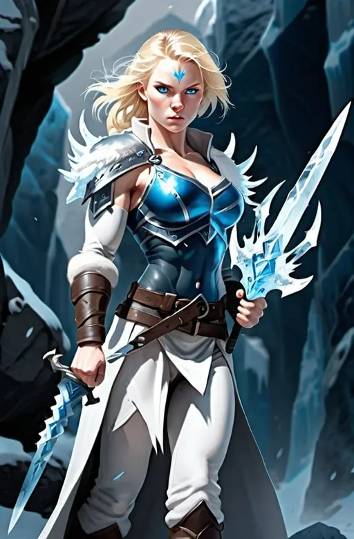 Prompt:  Female figure. Greater bicep definition. Sharper, clearer blue eyes. Blonde hair  flapping. Frostier, glacier effects. White Mist. Fierce combat stance. Holding Ice Daggers. 