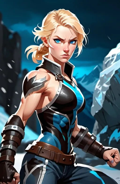 Prompt: Female figure. Greater bicep definition. Sharper, clearer blue eyes. Blonde hair flapping. Frostier, glacier effects. Fierce combat stance. Raging Fists. 