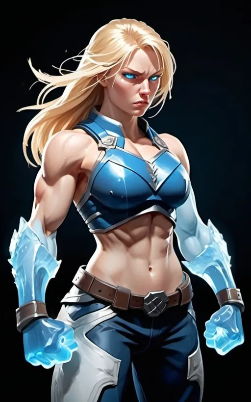 Prompt: Female figure. Greater bicep definition. Sharper, clearer blue eyes. Nosebleed. Long Blonde hair flapping. Frostier, glacier effects. Fierce combat stance. Raging Fists. Icy Knuckles. Blue armor suit.